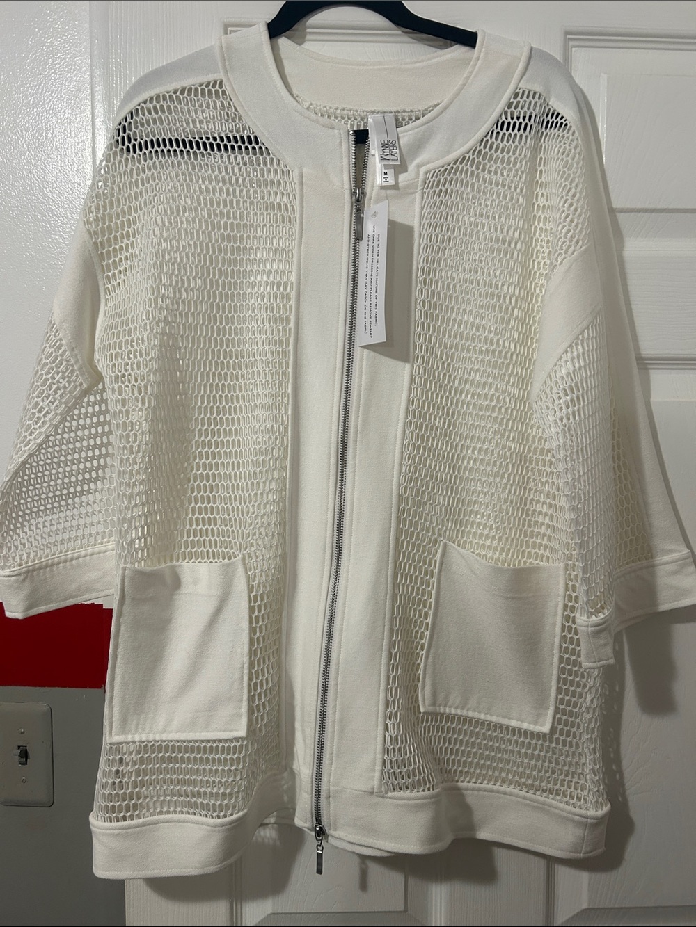 Cream Mesh Zip-Front Swim Coverup with Pockets